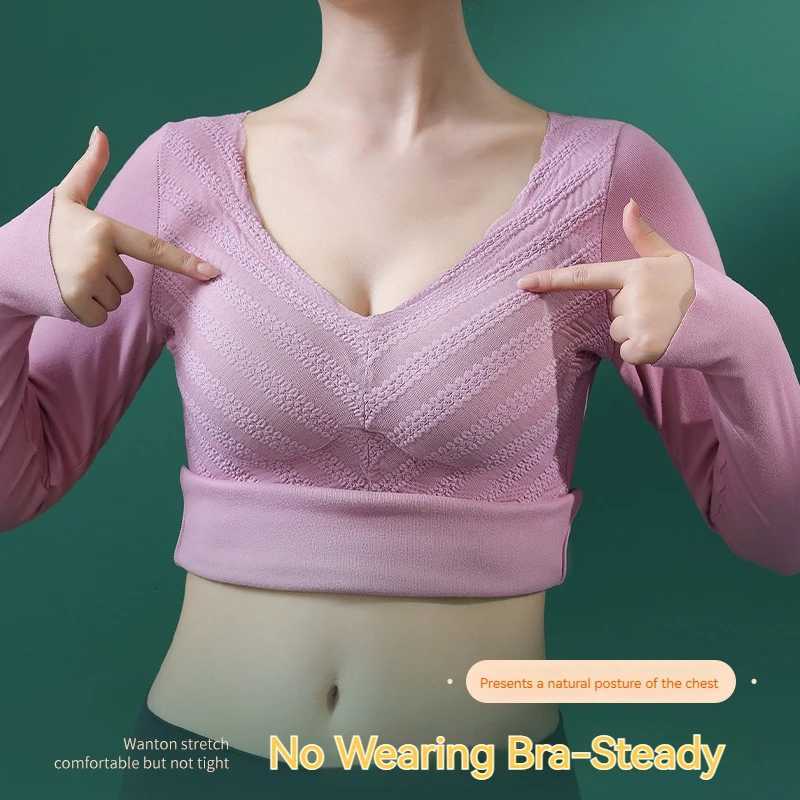 Autumn and Winter German Velvet Lace VNeck Warm and Heat Free Long Sleeve Underwear with Chest Cushion Underlay T251018