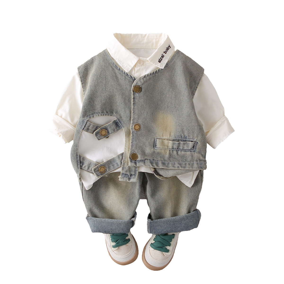 Little boy's denim vest three piece set 2025 Spring and Autumn new style boys' stylish autumn clothes baby clothes
