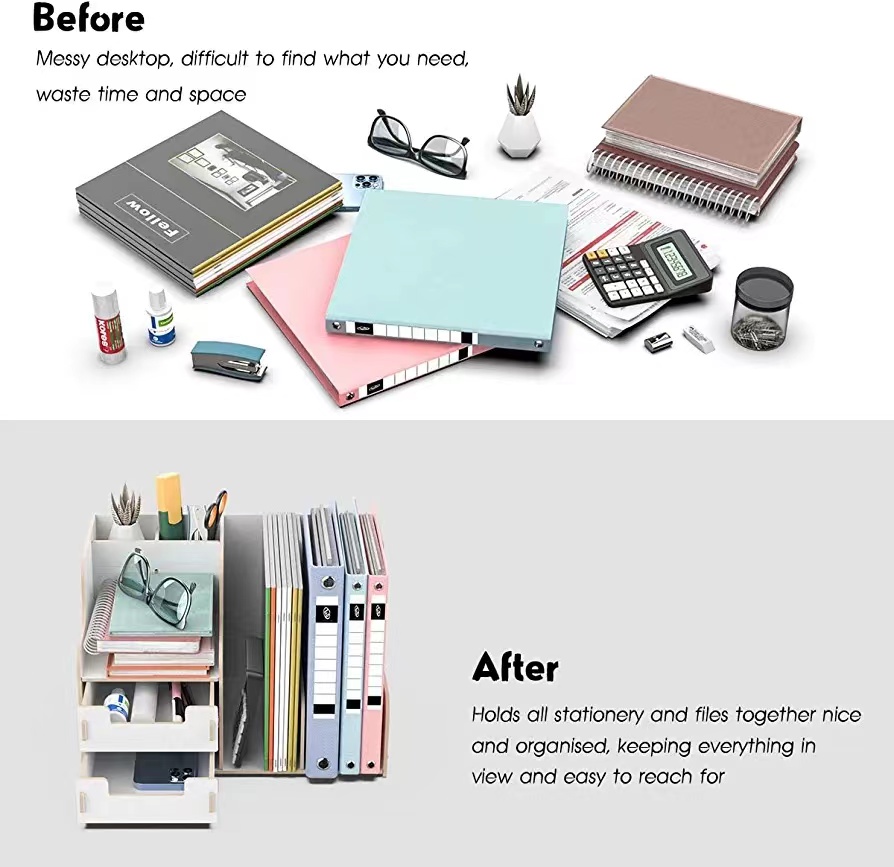 Multi-Level Stackable Desk Organizer with Drawers Space-Saving Workspace Solution