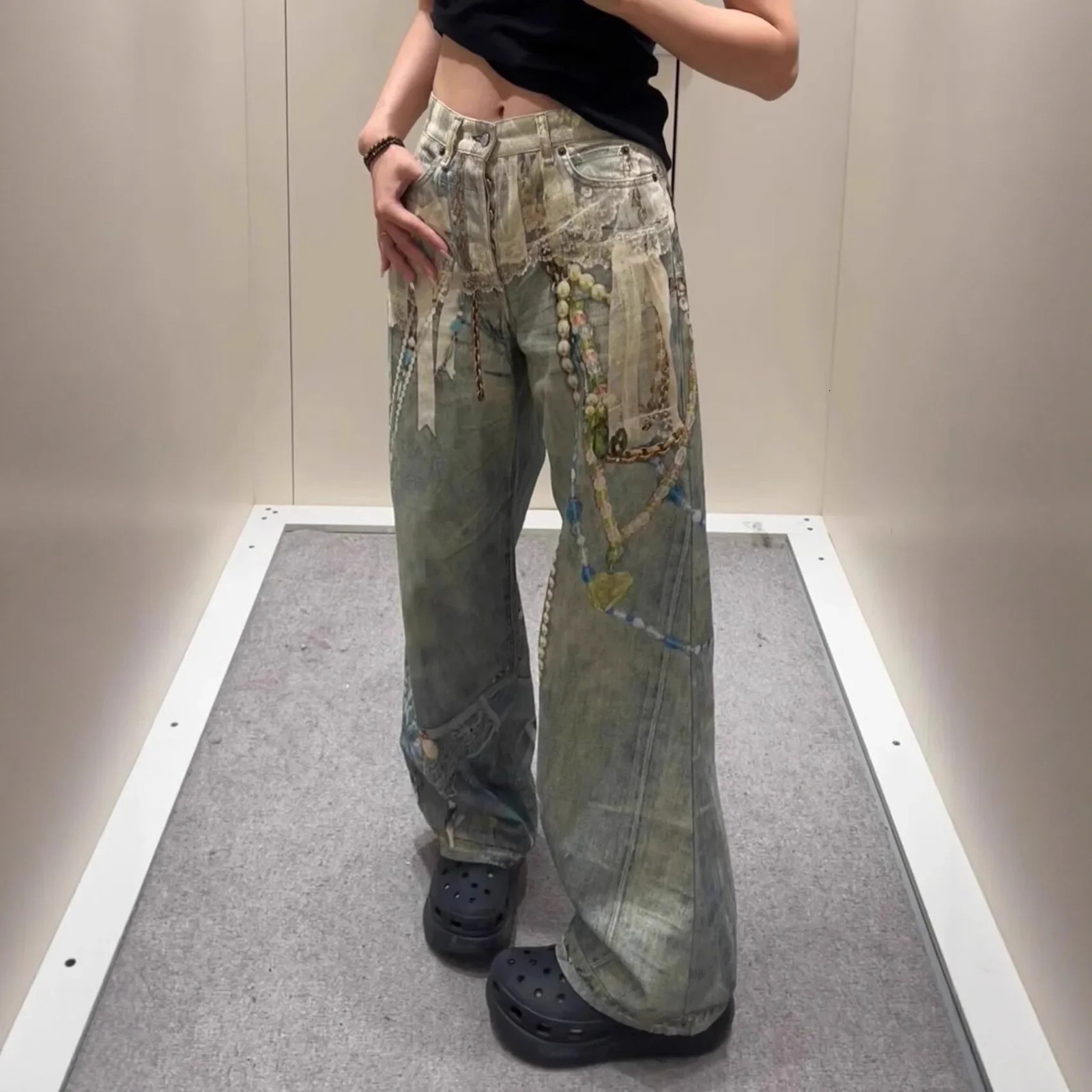 3D Printed Lace Pearl Chain Printed Vintage Denim Jeans High Waist Straight Leg for Men And Women Trendy High Street St 251017