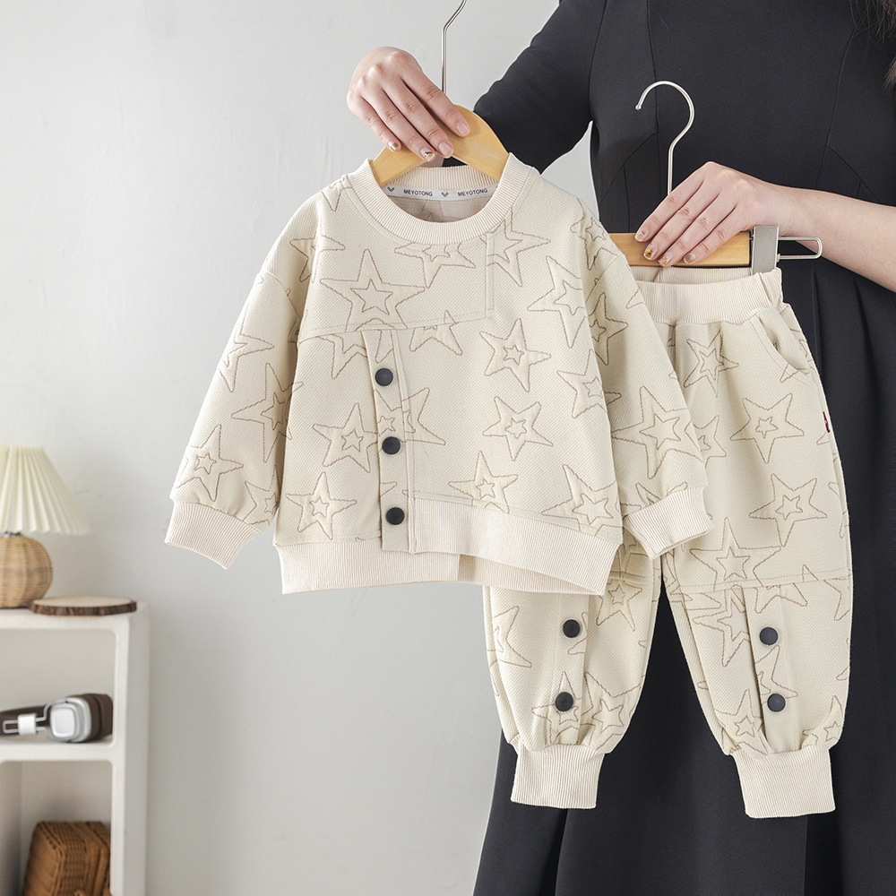 Boys' Spring Clothing Set 2025 New Baby's Spring and Autumn Baby's Elegant Jacquard Round Neck Two Piece Set free shipping designer