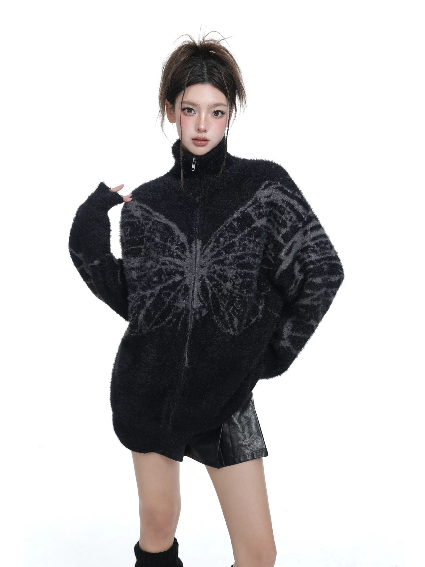 Harajuku Cardigan Coat for Women Fashion Black Gothic Clothes Pull Femme Y2k Tops Casual Zipper Korean Knitted Oversized Sweater 240808