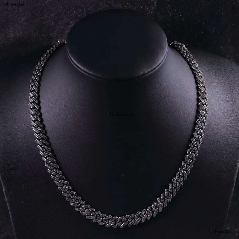 VVS Dia 2rows 10mm 12mm S Sier Hip Hop Necklace Men Black Moissanite Cuban Link Chain For Fashion Jewelry