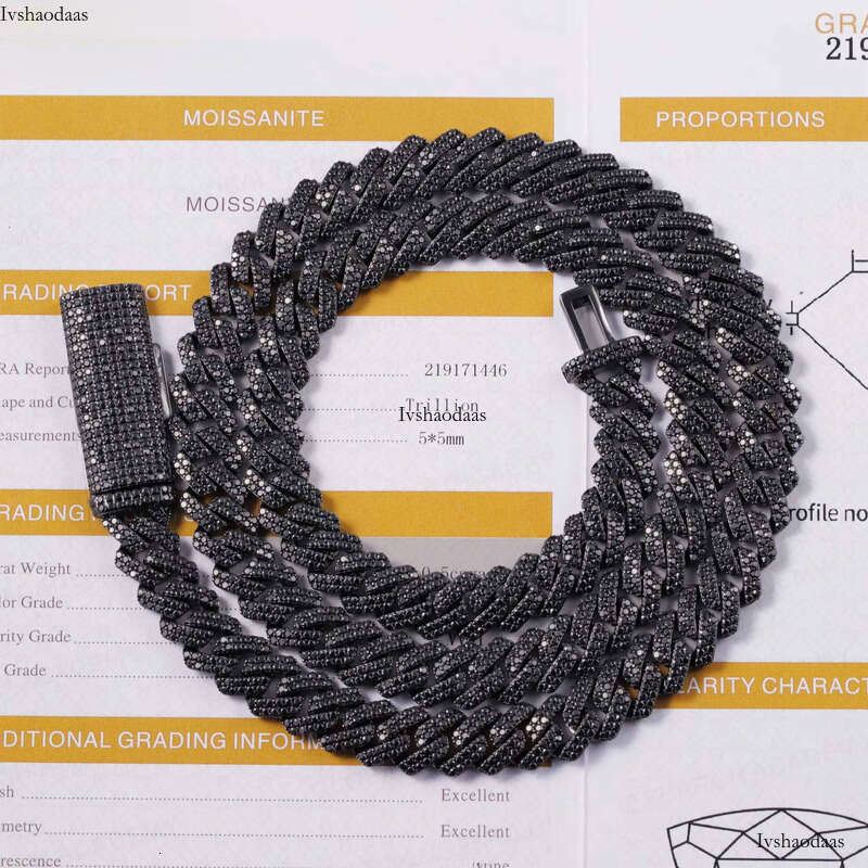 VVS Dia 2rows 10mm 12mm S Sier Hip Hop Necklace Men Black Moissanite Cuban Link Chain For Fashion Jewelry