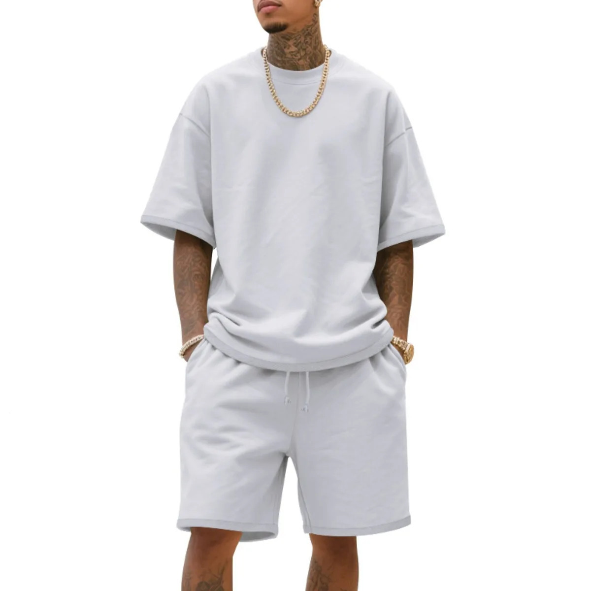 2025 100 Cotton Mens Summer AmericanStyle Loose High Street HipHop Sport ShortSleeved Set with Shorts 251010