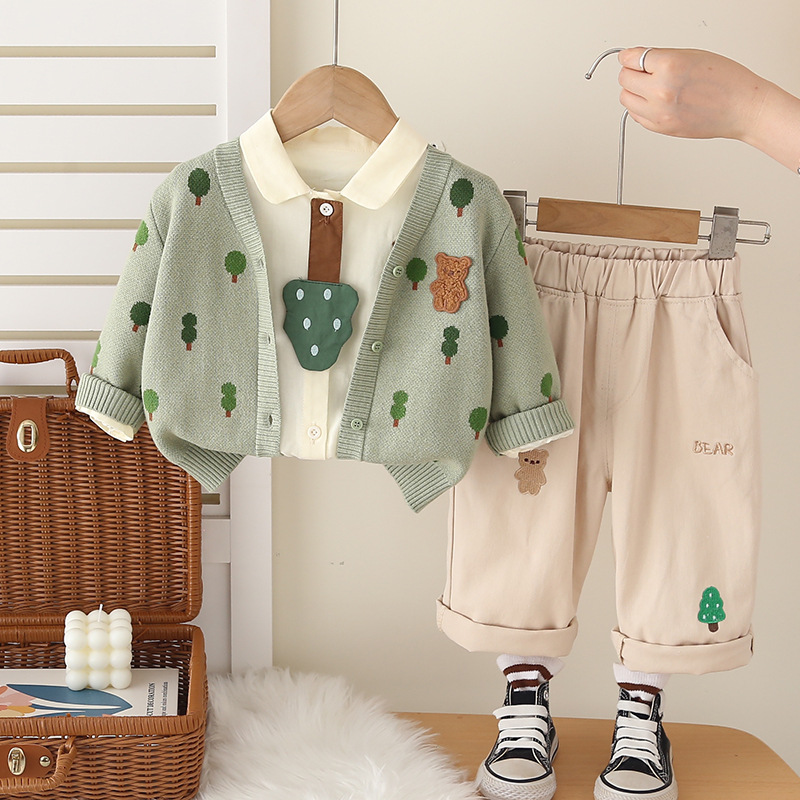 Boys' Spring and Autumn Set, Elegant 2025 New Style, Children's Leisure Autumn Set, Baby Full Body Small Tree Cardigan Three Piece Set free 
