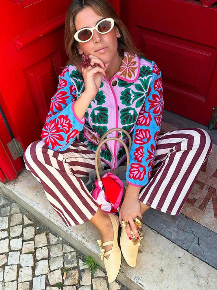 Womens Fashion Print Panelled Quilted Cotton Jacket Long Sleeve Pocket Cardigan Coat 2025 Autumn Winter Daily Casual Outerwear 251011