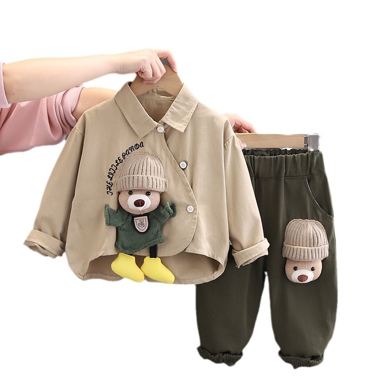 Baby trendy spring outfit set 2025 new children's doll bear shirt two-piece set for boys' spring and autumn long sleeves free shipping