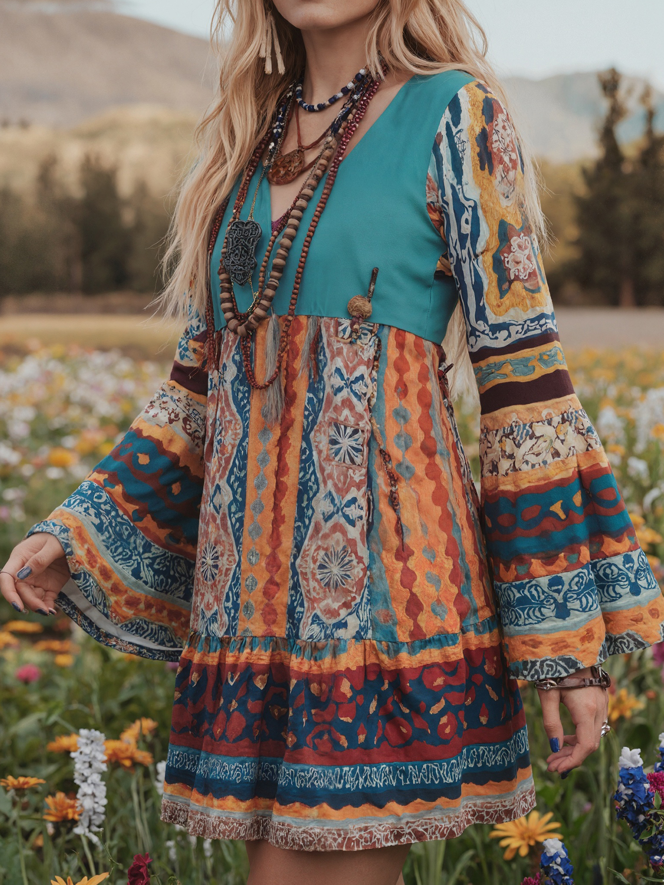 Women's Autumn Winter Retro Western Boho Dress - Flare Sleeve V-Neck Casual Fashion Dress-CF51156