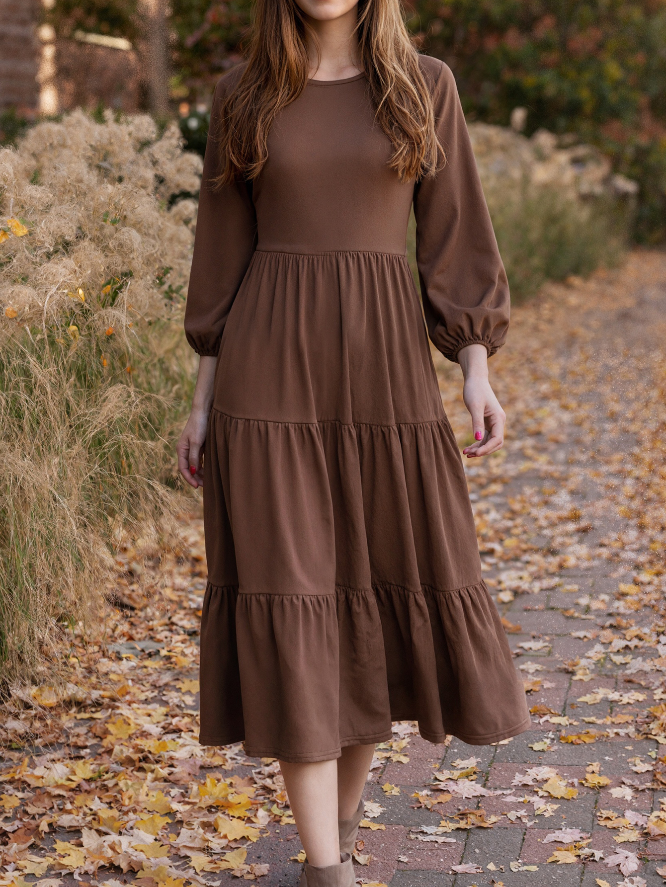 Women's Autumn Winter Solid Color Midi Dress - Fashion Vacation Round Neck Long Sleeve Dress-CF55122