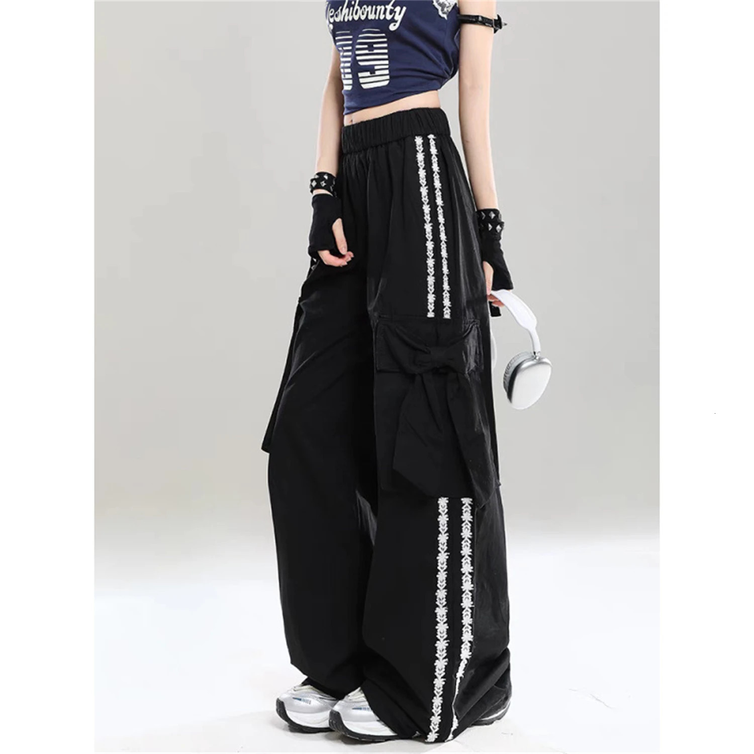 Womens Y2K Cargo Pants Baggy Wide Leg Trousers With Big Pockets Side Trim Streetwear Casual Bottoms 251017