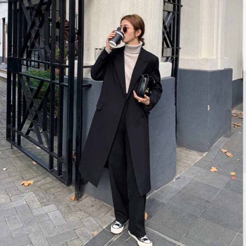 REALEFT Autumn Winter Vintage Khaki Single Breasted Womens Trench Coat 2025 Long Sleeve Casual Loose Korean Long Blazer 251008