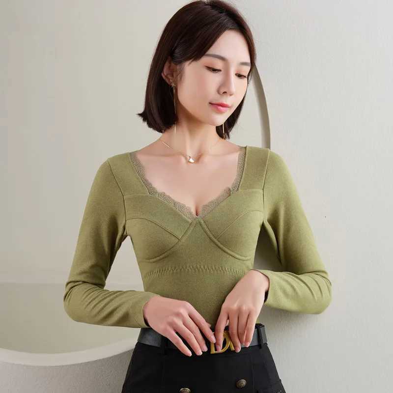 Autumn Winter Sexy Lace Large Cup One Piece Warm Coat Long Sleeve Bottom Top for Women Wearless Bra And Warm Top T251018