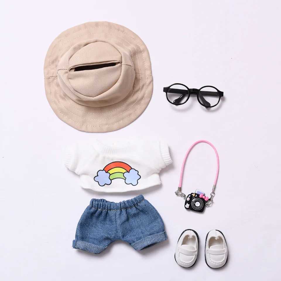 Plush Doll Clothes 17cm For Labubu Clothing Designer Rainbow White T Jeans Doll Clothes Set With Hat Glasses Toy AccessoriesT251018