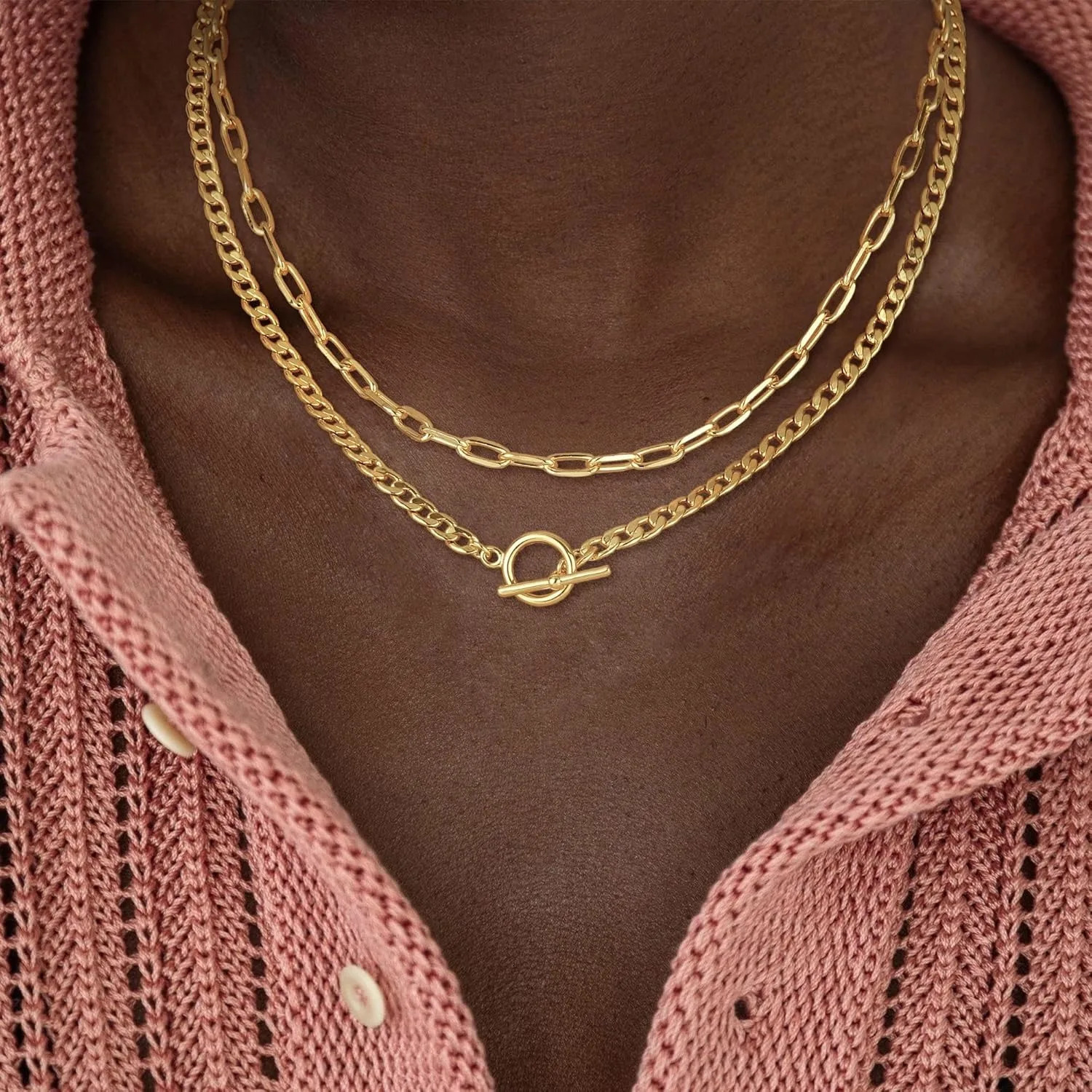 Gold Layered Necklace for Women K Gold Plated Necklace Women Cuban Link Paperclip Chain Toggle Clasp Necklace Jewelry for Women 251011