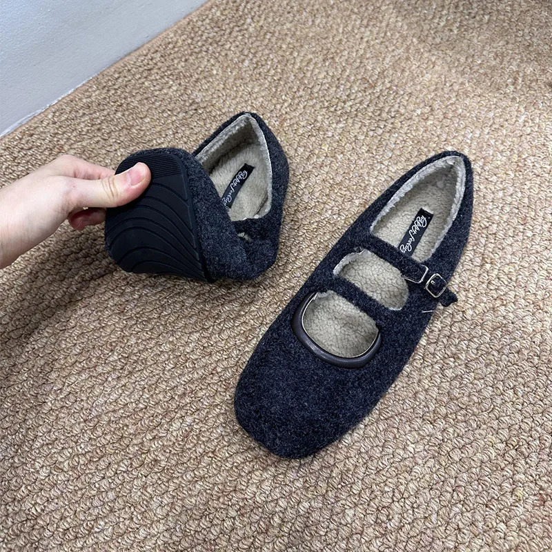 Fashion Square Toe Flats Fur Shoes For Ladies Furry Female Buckle Strap Footwear Women Mary Janes Flats With Plush Shoes 251013