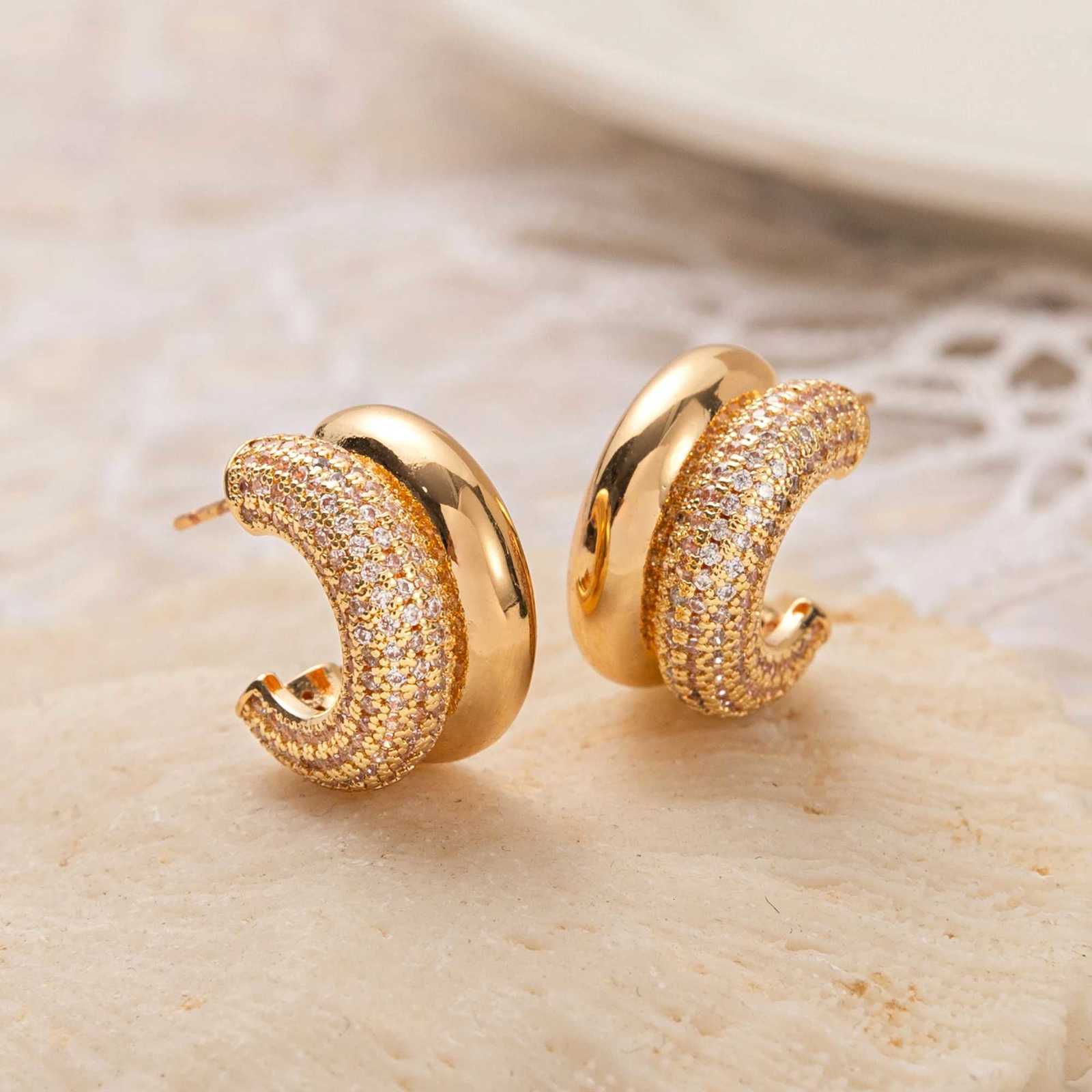 Stainless steel temperament double ring Cshaped earrings female design niche inlaid zircon earrings color preservation Y251018