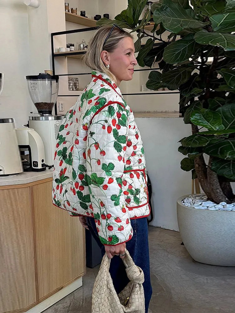 Womens Fashion Print Panelled Quilted Cotton Jacket Long Sleeve Pocket Cardigan Coat 2025 Autumn Winter Daily Casual Outerwear 251011
