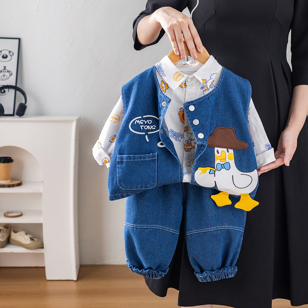 Boys' autumn fashion western-style set, children's 2025 new spring and autumn style cartoon duck cowboy vest three piece set, boys' bab