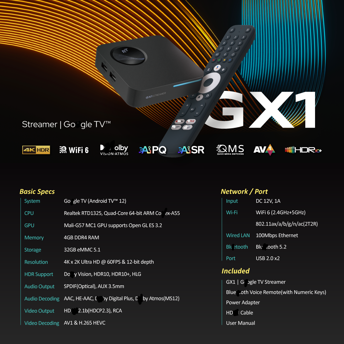 RockTek GX1 UHD Gogle GTV Certified TV Box 4GB RAM 32GB ROM Realtek1325 Quad Core 2T2R Dual Wifi6 BT5.2 100M LAN H.265