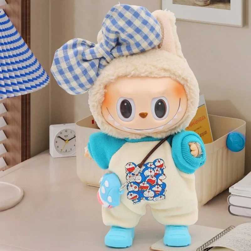 For 17cm Labubu Doll Clothes cute cartoon jumpsuit Doll Clothes sweet set Dolls Accessories grid bow Decoration Little ClothsT251018