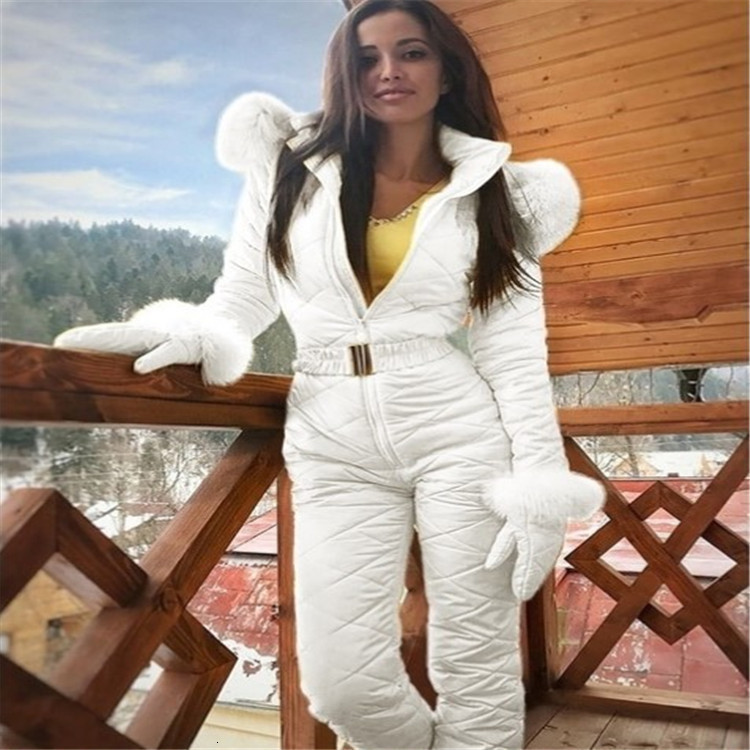 Fashion Winter Womens Hooded Jumpsuits Parka Cotton Padded Warm Sashes Ski Suit Straight Zipper One Piece Casual Tracksuits 240822