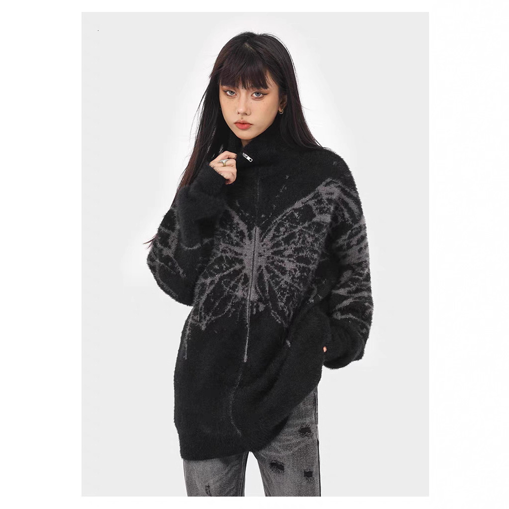 Harajuku Cardigan Coat for Women Fashion Black Gothic Clothes Pull Femme Y2k Tops Casual Zipper Korean Knitted Oversized Sweater 240808
