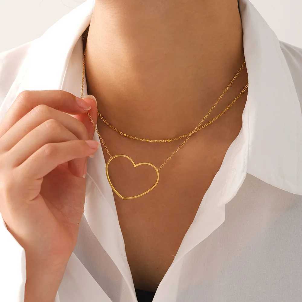 Women Simple Big Heart Love Pendant Choker Necklace Gold Plated 2 Strings Punk Clavicle Chain Jewelry Gift WholesaleXJ251018