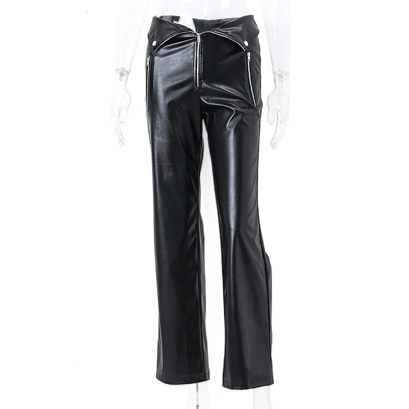 WhereMery Y2K Fashion Leather Pant Women High Waist Sexy Zipper Straight Slim Trousere Streetwear Gothic Chic Black Pants 251017