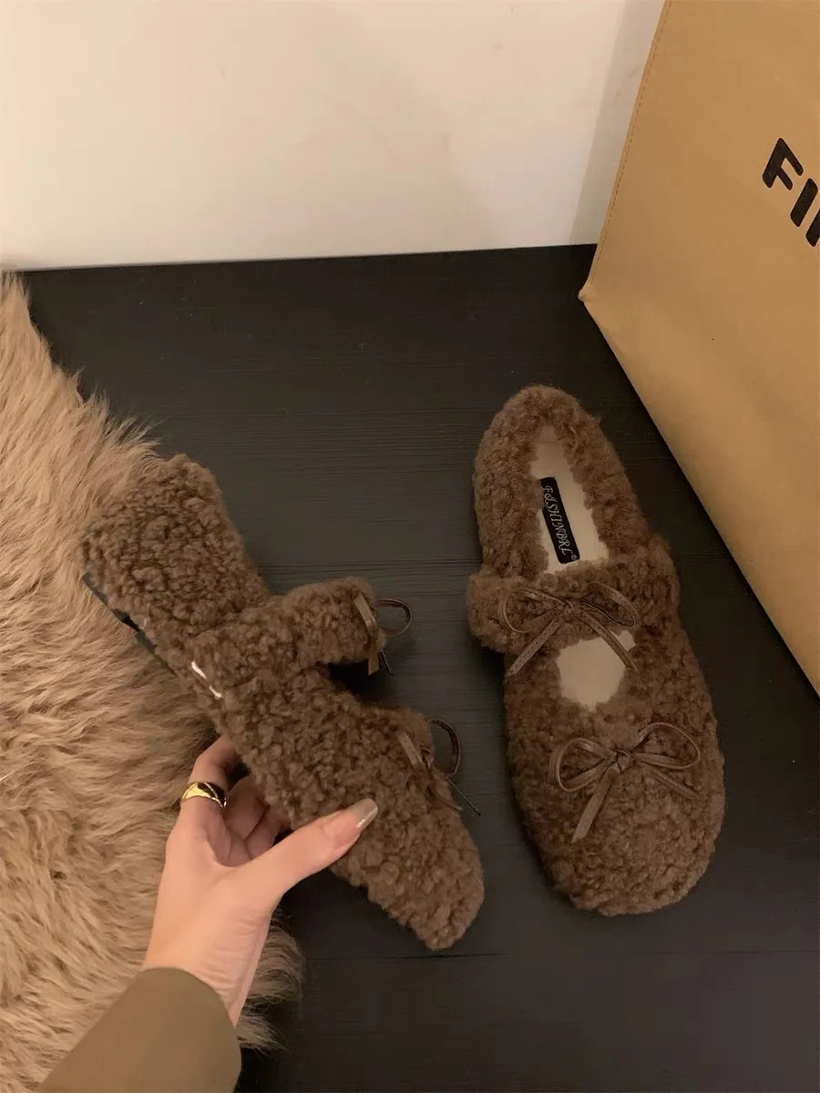 Warm Mary Jane Shoes for Women Hook Loop Flat Low Heels Round Toe Shoes Women Solid Fur Plush Butterfly Knot Casual Shoes 251013