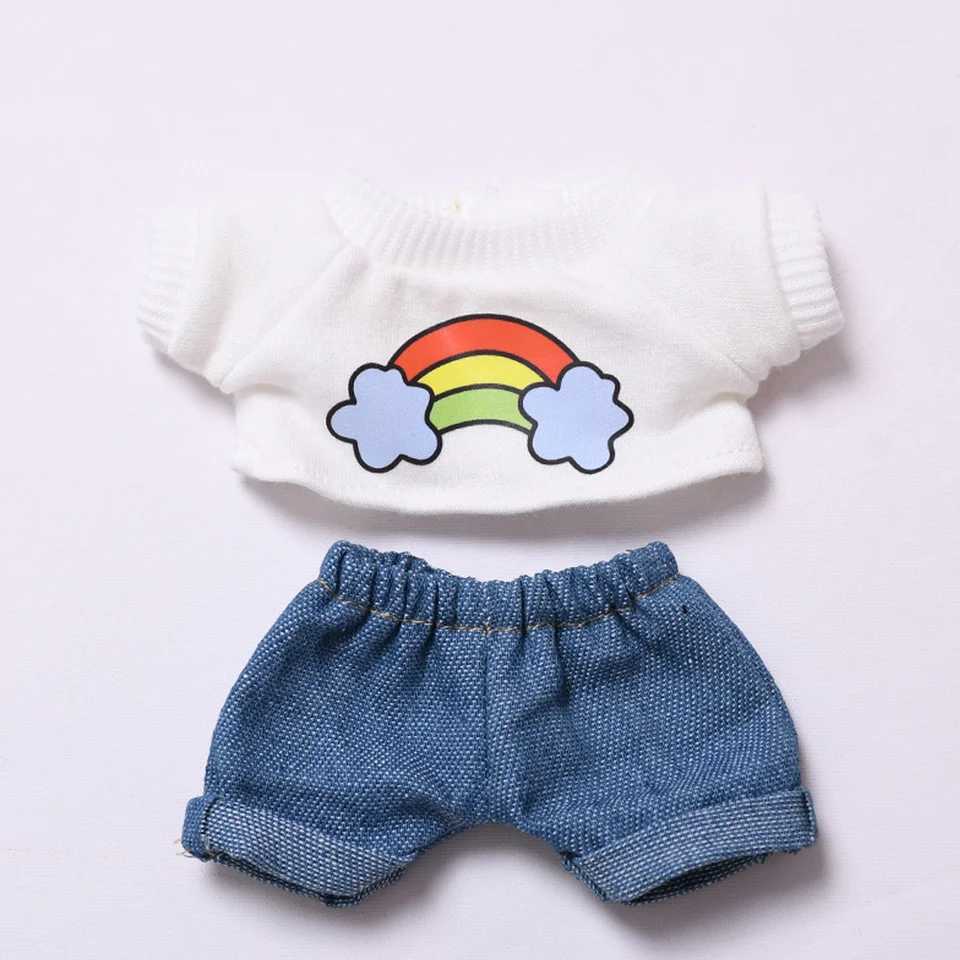 Plush Doll Clothes 17cm For Labubu Clothing Designer Rainbow White T Jeans Doll Clothes Set With Hat Glasses Toy AccessoriesT251018
