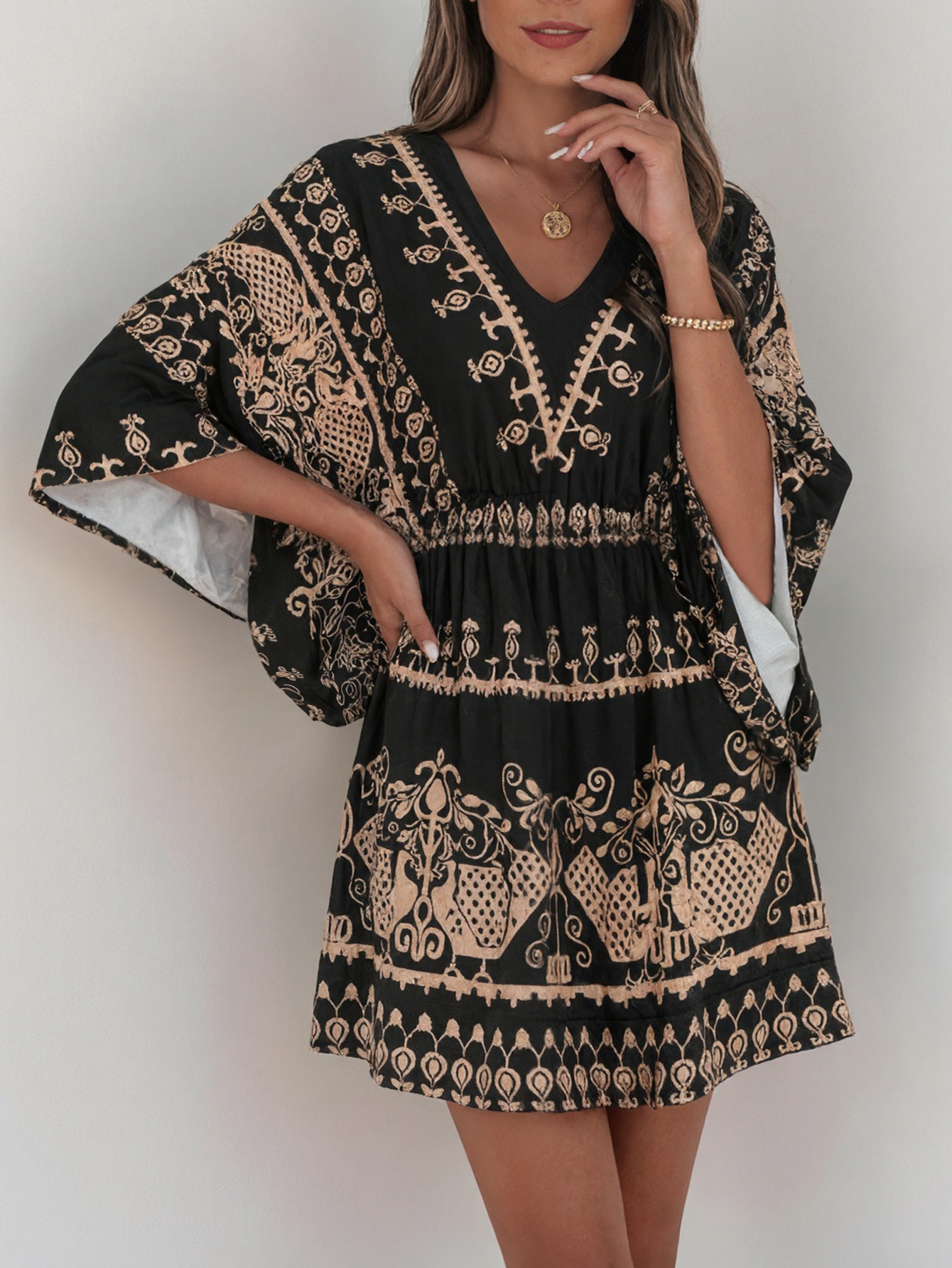 Women's Spring Autumn Retro Ethnic Flare Sleeve Dress - Casual Vacation Loose Waist Dress-CF53921