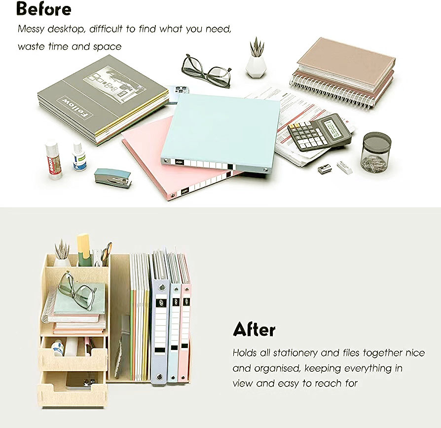 Multi-Level Stackable Desk Organizer with Drawers Space-Saving Workspace Solution