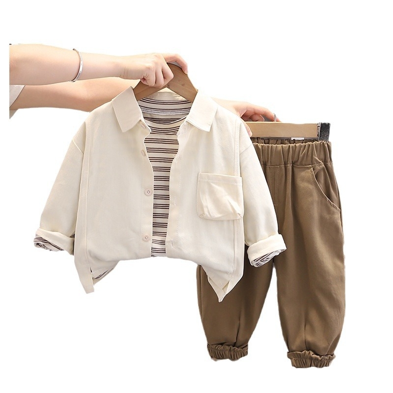 Boys' autumn outfit set 2025 new children's Korean version spring and autumn clothes baby solid color shirt three piece set trendy