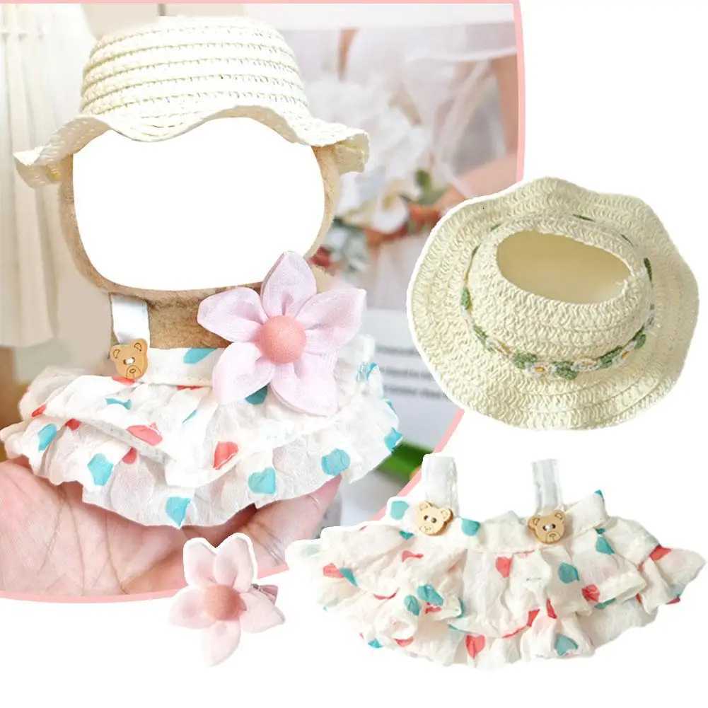 17cm Dolls Clothes For Labubu Summer Straw Hat Flowers Halter Dress Suit Cute Sweet Plush Toy Clothing Accessories For GiftT251018