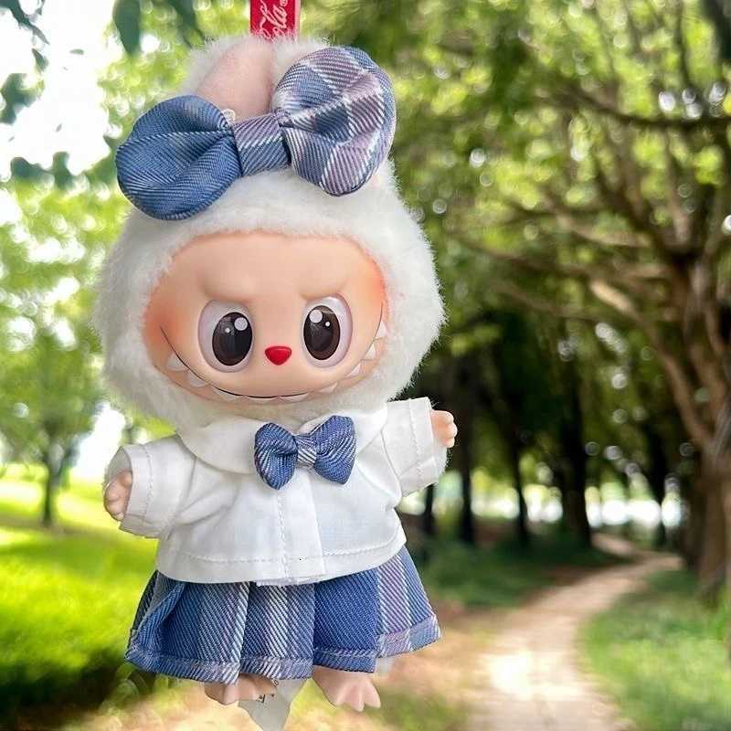 For 17cm Labubus Mini Doll clothes Bow headband shirt JK plaid skirt set Labubu girl clothing Outfit shoes camera accessorieT251018