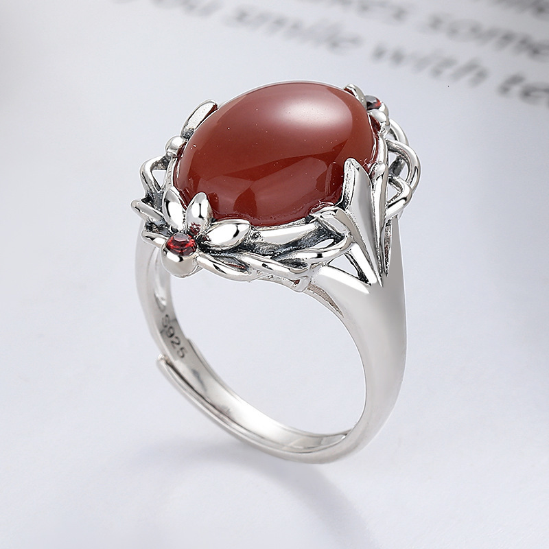 Yunchaoxuan S925 Silver Vintage Southern Red Agate Hollow Pattern Oval Cabochon Trendy Open Ring 241028