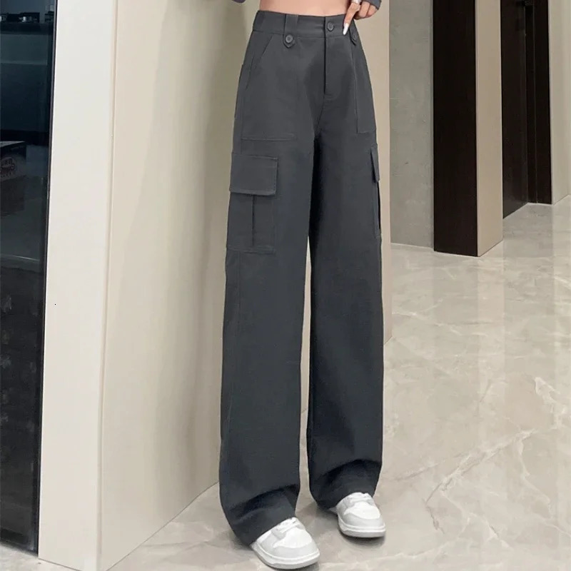 Spring Summer Vintage Loose Cargo Womens Wide Leg Full Pants High Waist Solid Female Elegant Straight Casual Trousers 251017
