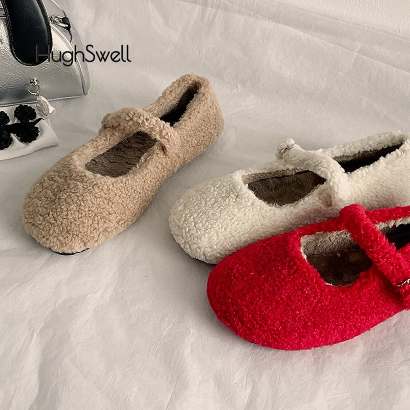 Fashion Round Toe Wool Ballet Flats Woman Concise Warm Plush Loafers Ladies Fluffy Mary Jane Shoes In Red Grey 251013