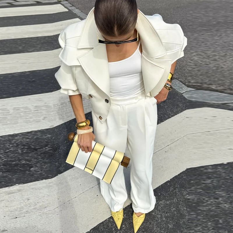 Womens Casual White Lapel Short Jacket Chic Loose Full Sleeve Double Breasted Coats Autumn Office Lady Commute Outerwear 251017 - view 4