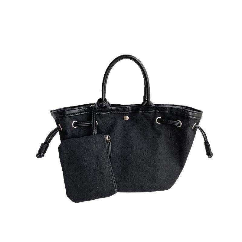 Spring New Canvas Drawstring Bucket Niche High-End Feel Women Solid Color Simple Versatile Handheld Small Tote Bag B5