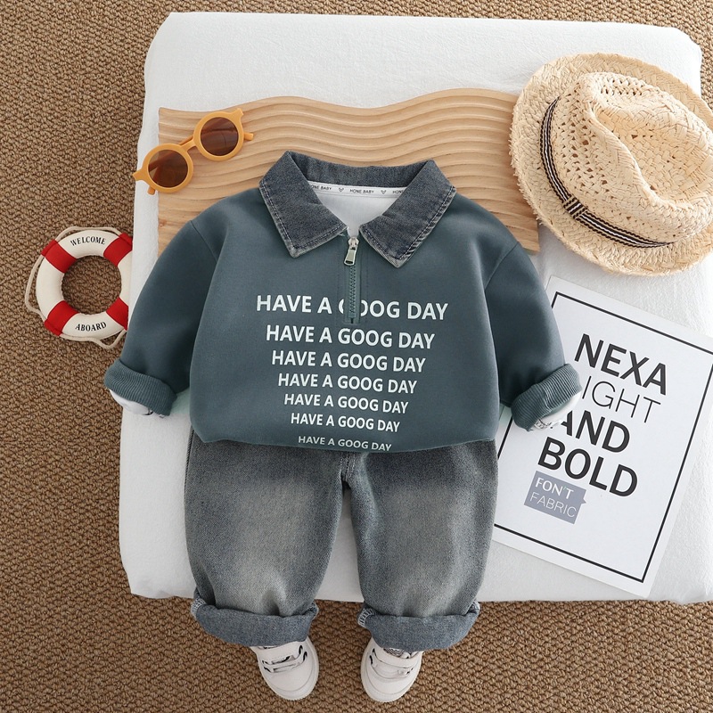 Boys' autumn outfit set with half zipper denim collar, baby polo, baby and children's two-piece set, new stylish spring and autumn hoodie
