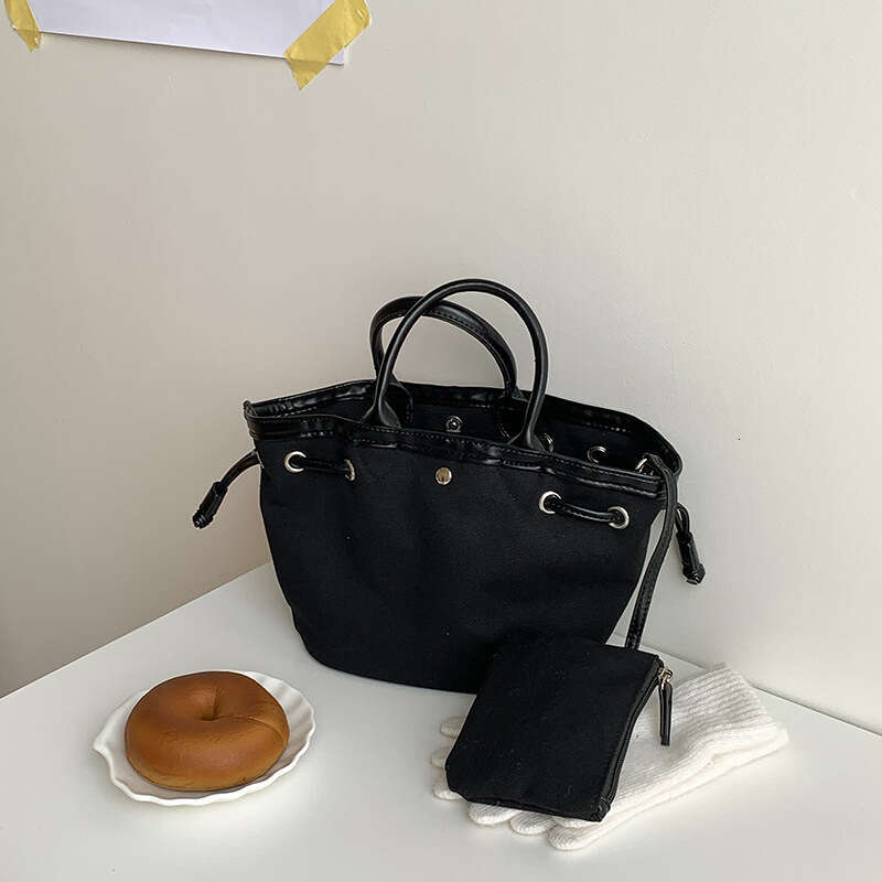 Spring New Canvas Drawstring Bucket Niche High-End Feel Women Solid Color Simple Versatile Handheld Small Tote Bag B5