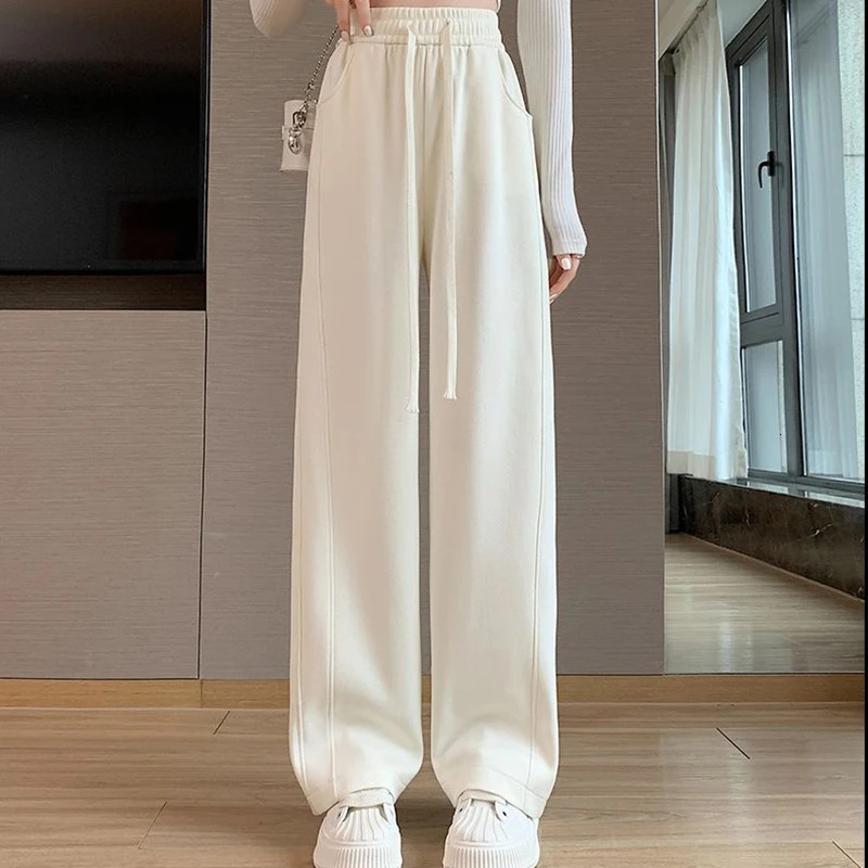 Women High Waisted Leisure Loose Pants Girls Casual Straight Leg Slacks Female Baggy Light Grey Khaki Beige Black Trousers 251017