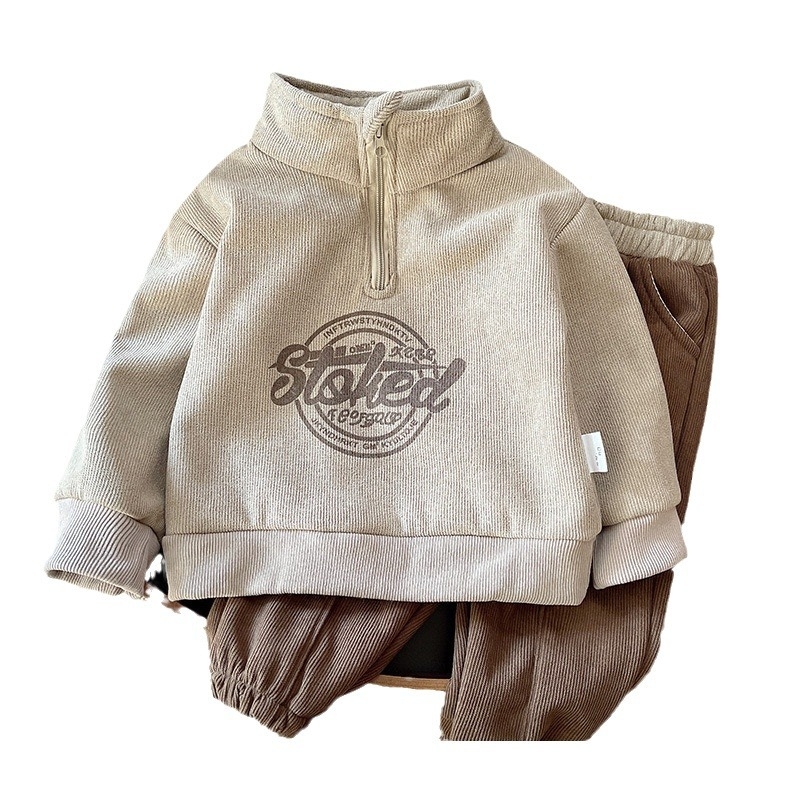 Male baby with plush semi high neck zipper set, children's autumn and winter baby clothes, children's clothing for boys aged 1-4, winter fre