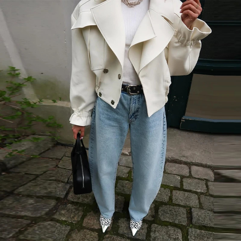Womens Casual White Lapel Short Jacket Chic Loose Full Sleeve Double Breasted Coats Autumn Office Lady Commute Outerwear 251017 - view 7