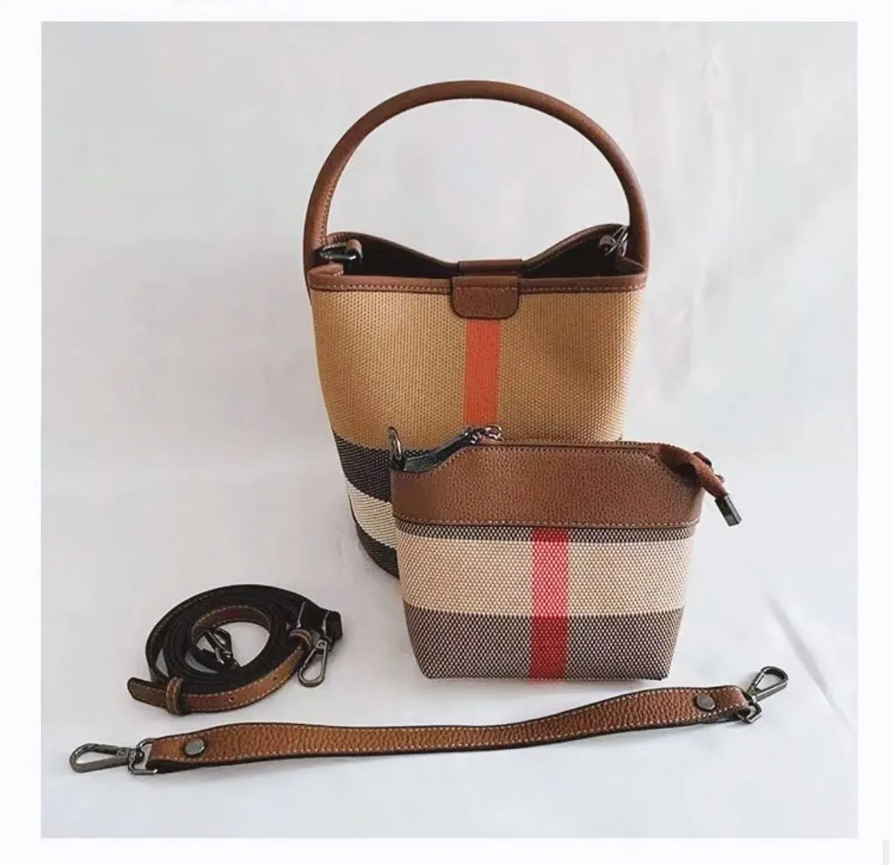 designer bag Canvas Genuine Leather Women Fashion Barrel Bucket One Shoulder Crossbody Bags Female Purses And Handbags Ladies Bag