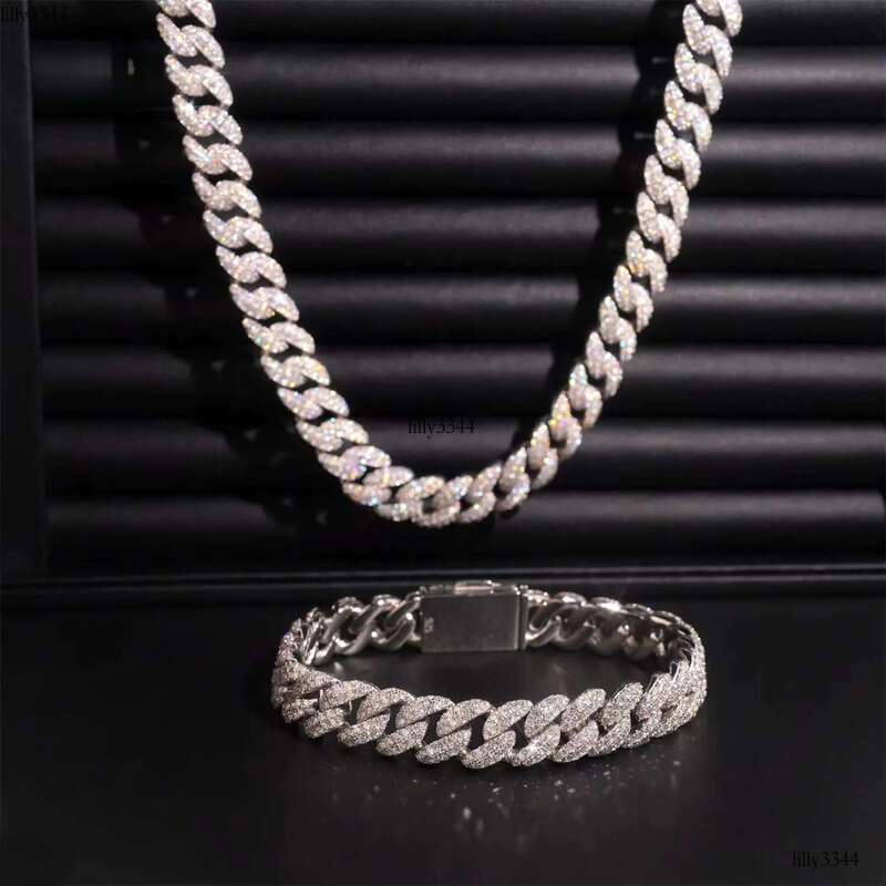Hot Sale Moon Shape Hip Hop Jewelry Iced Out 12mm Sliver Lab Dia Moissanite Cuban Link Chain