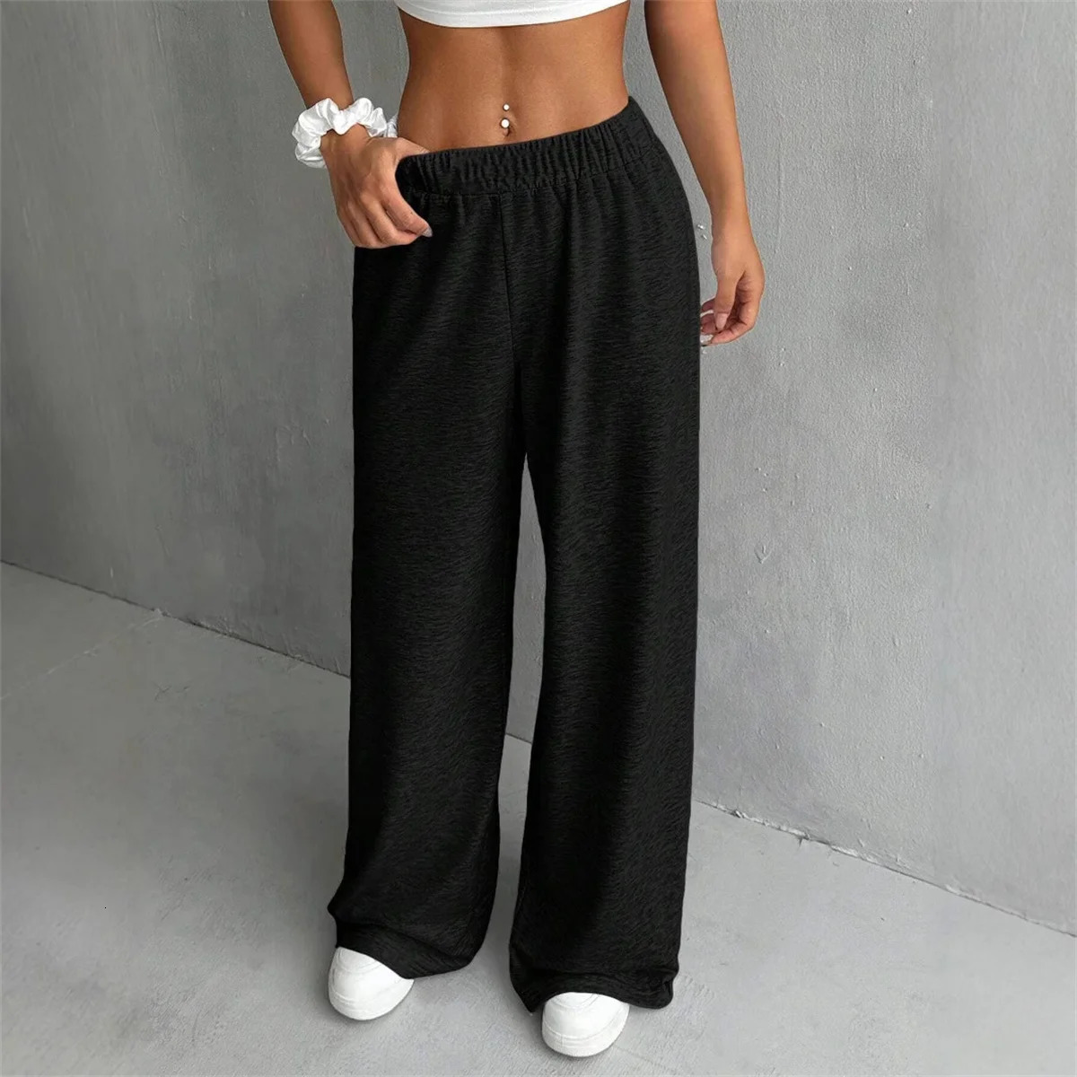 Fashion Elastic Waist Pant Solid Spring Autumn In Vintage Simple Casual Trousers Female Straight Wisd Leg Pants Street 251017
