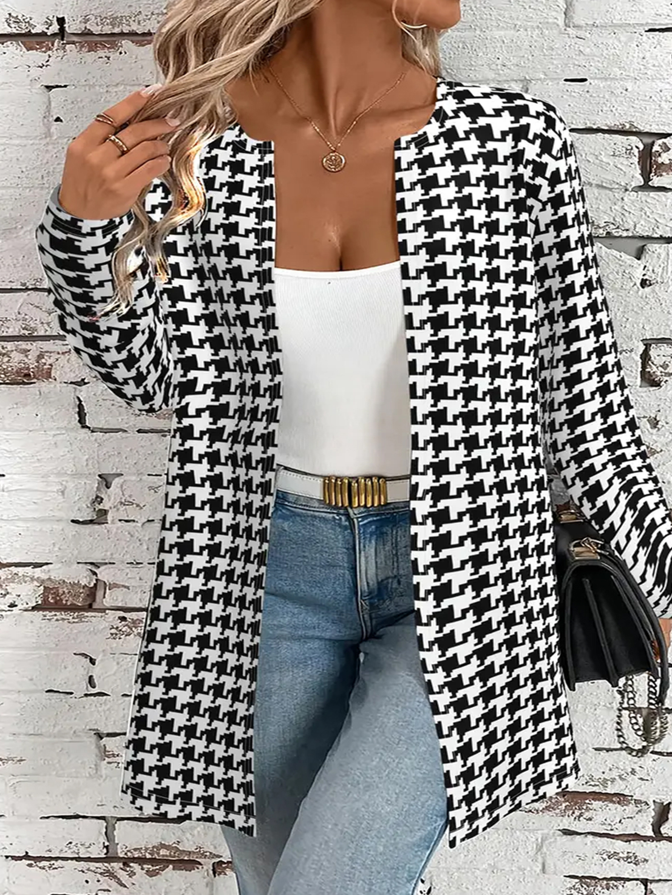 Women's Plus Size Autumn Winter Houndstooth Print Open-Front Cardigan - Elegant Daily Office Versatile Coat-YL25402